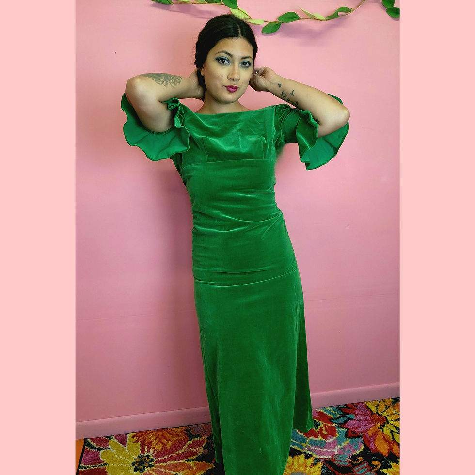 Vintage 1970's Moss Kelly Green Velvet Ruffle Bell Sleeve Maxi Dress