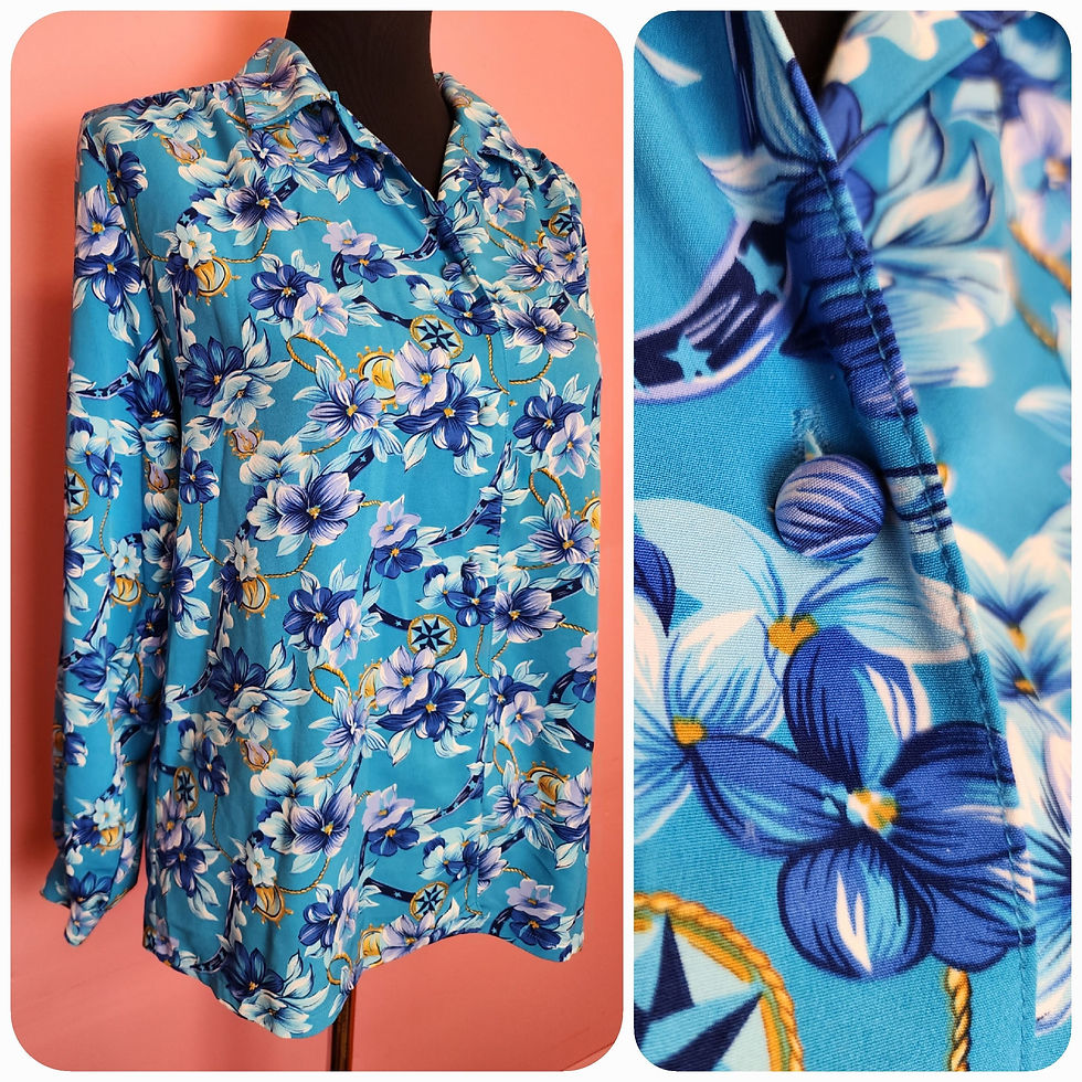 Vintage 1980's Light Blue Nautical Flower Blouse | Volup | Size Medium to XL