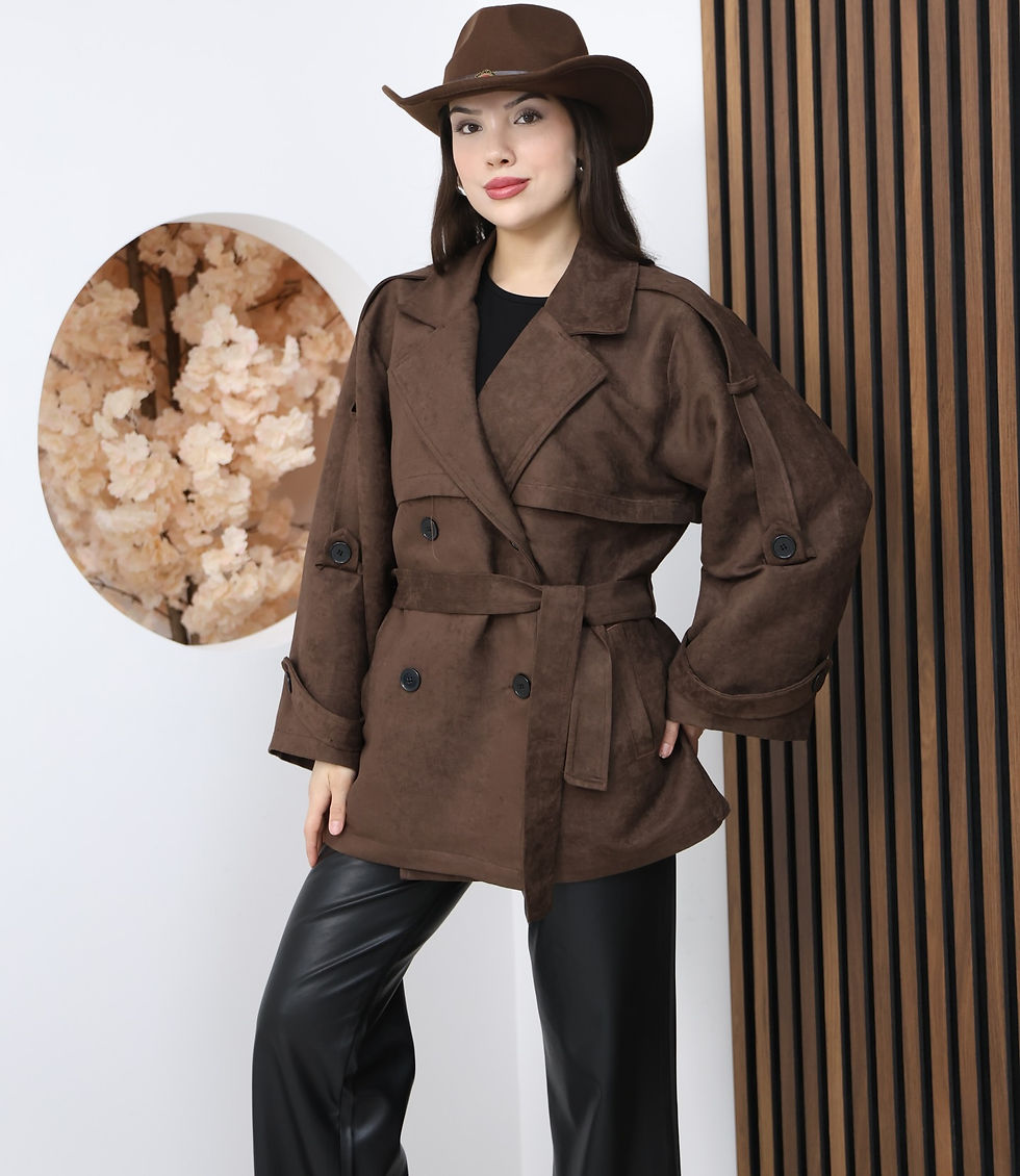 Küçük resim: Süet Dokulu Oversize KısaTrençkot