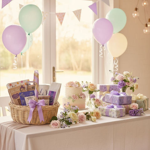 Geburtstagstisch mit Geschenkkorb, Torte, Blumen und Pastellballons.