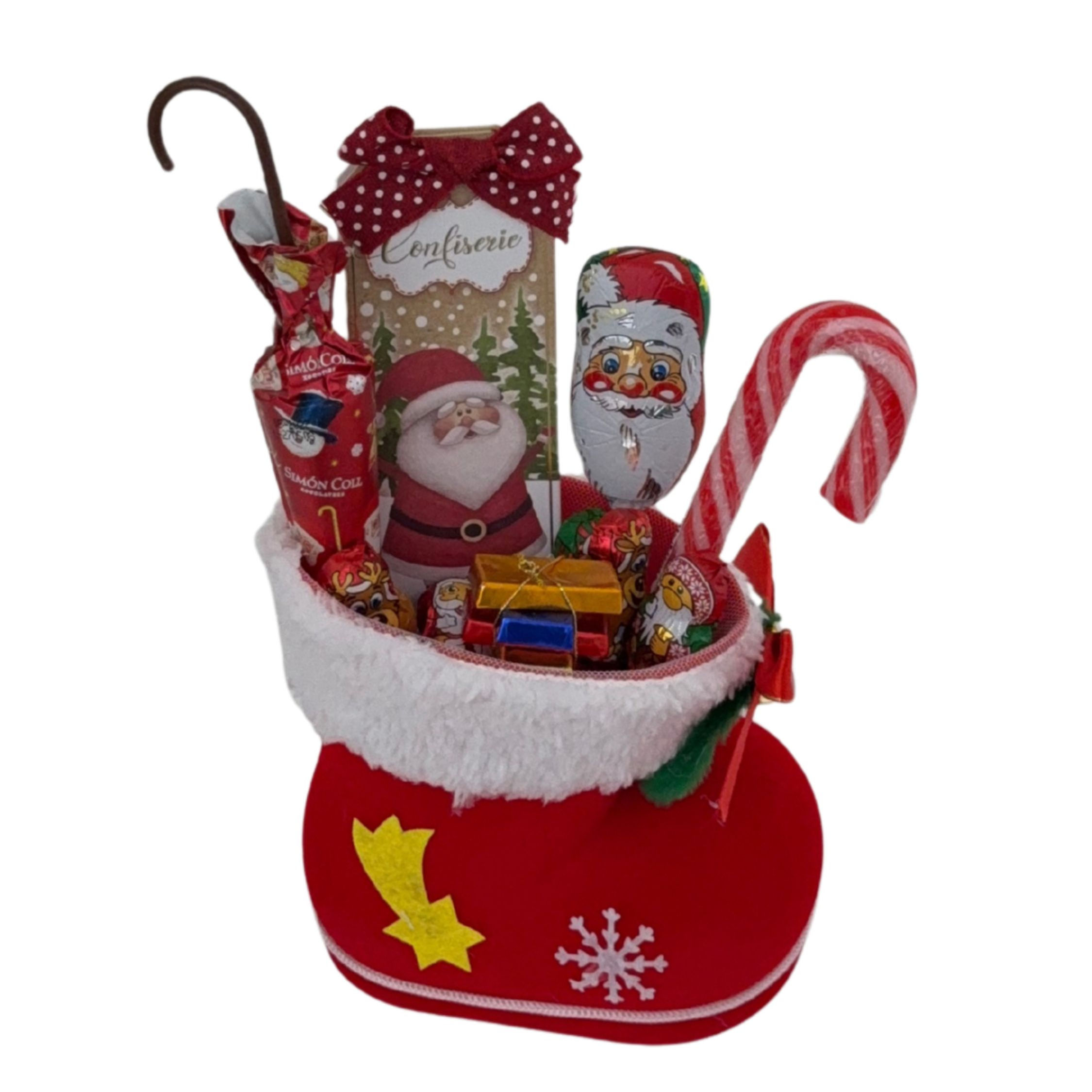 Weihnachtssocke mit Süßigkeiten, Geschenk, Santa Claus und Feinkost Präsentkorb alkoholfrei.