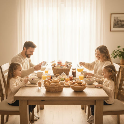 Familie beim Frühstück mit Präsentkorb, Müslis, Croissants und Säften.