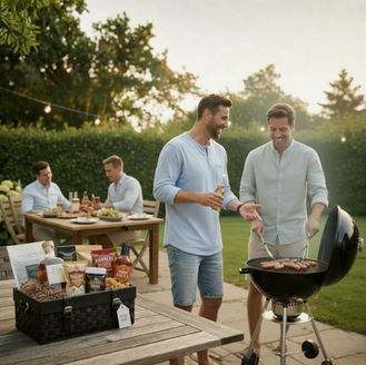 Zwei Maenner grillen im Garten neben einem gefuellten Praesentkorb auf der Terrasse