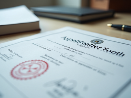 Close‑up of an apostille certificate bearing a red authentication seal, laid out on a desktop beside a pen and stacked documents for international validation.