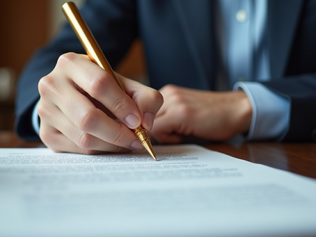 Close‑up of a notary public’s hand in a suit jacket signing a legal document with a gold pen on a wooden desk, with blurred paperwork in the background.