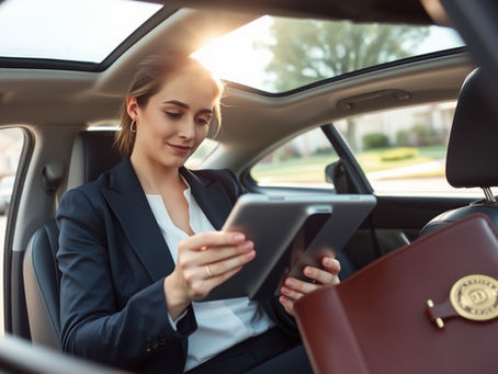 “Professional notary public standing beside a sleek sedan in a suburban driveway, holding a leather portfolio and tablet, about to walk up to a client’s front door for an on‑site notarization.”