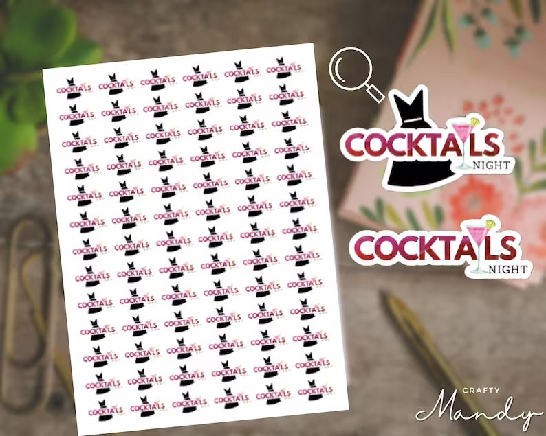 Cocktails Night Mini Planner Sticker | kiss-cut sticker sheets, full sticker she