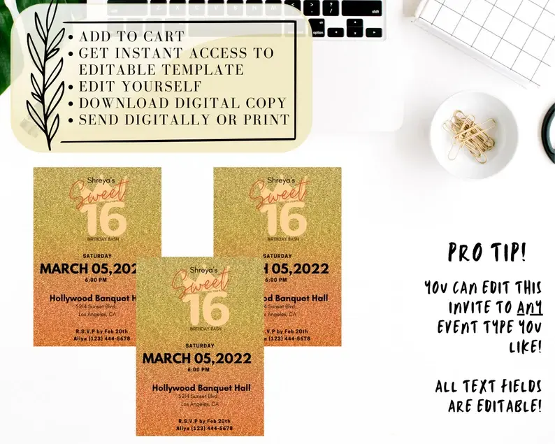 Thumbnail: Sweet 16 Invitation, Quinceanera Sweet 15, Sixteen, Instant Download Template