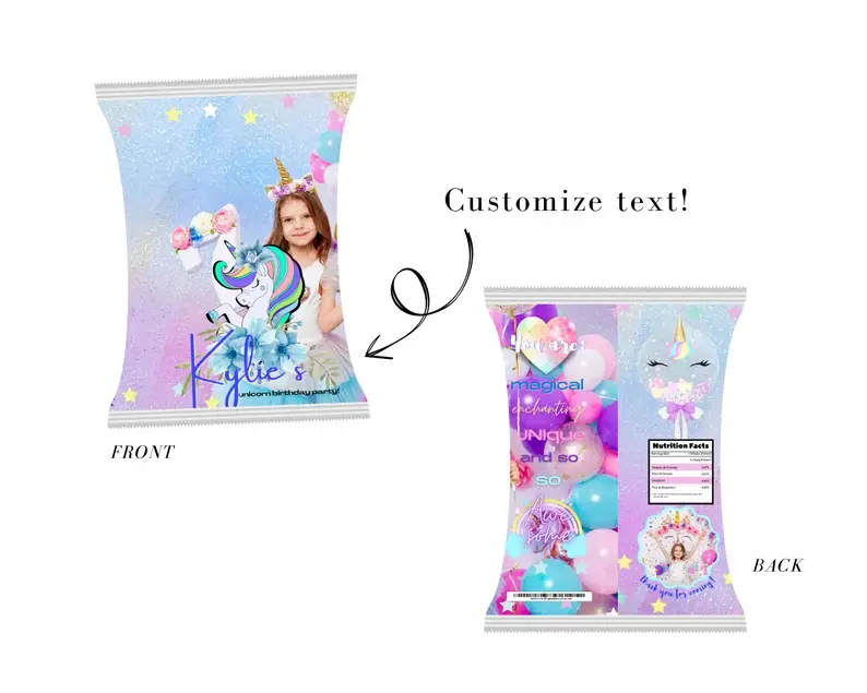 Thumbnail: UNICORN Birthday Personalized Chip Bag Wrapper, unicorn themed party