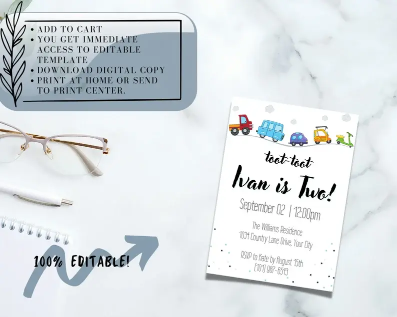 Thumbnail: EDITABLE Toot Toot Car Birthday Invitation. Toot Toot Birthday, Car Themed Party