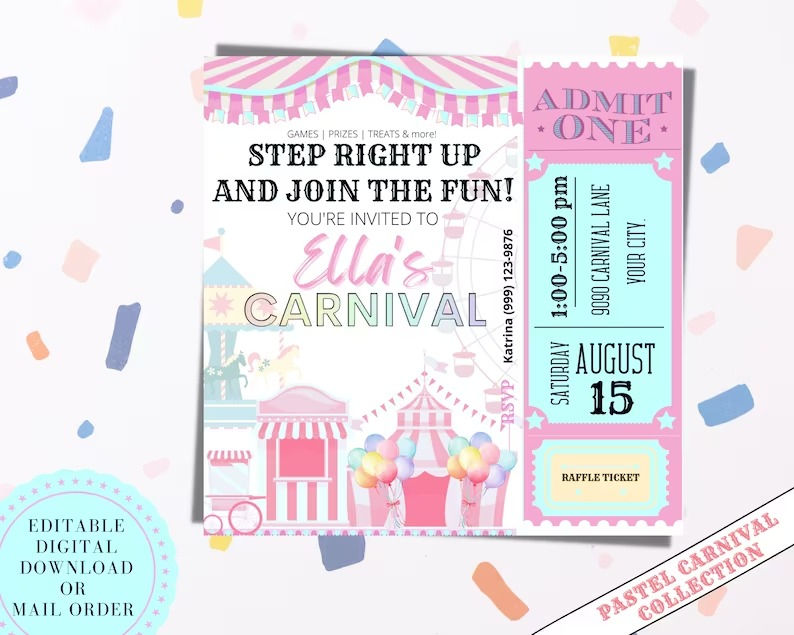 Pastel Carnival. Carnival Birthday Invitation. Carnival Party. Carnival Ticket