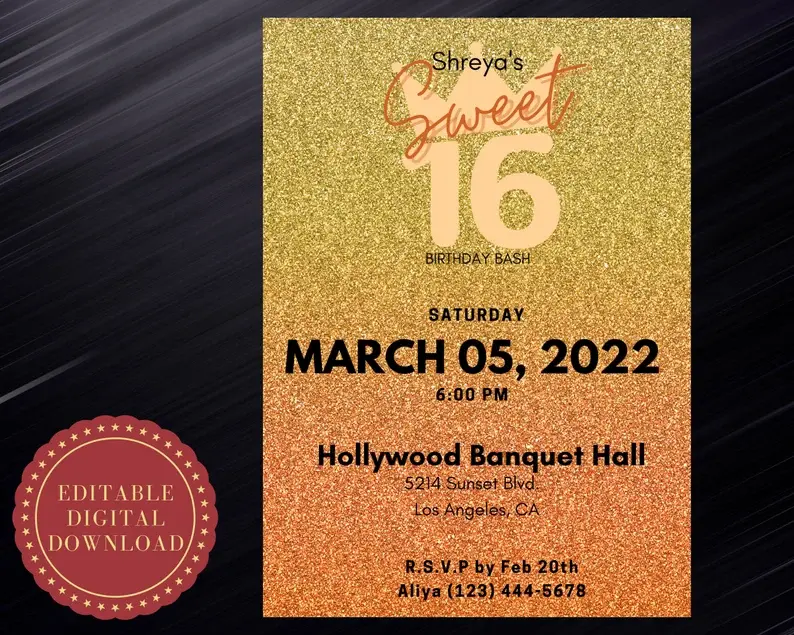 Sweet 16 Invitation, Quinceanera Sweet 15, Sixteen, Instant Download Template