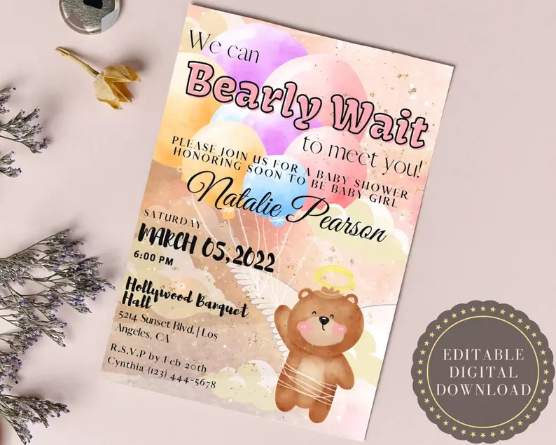 EDITABLE We Can Bearly Wait, Baby Shower, Balloons, Cute Bear Theme