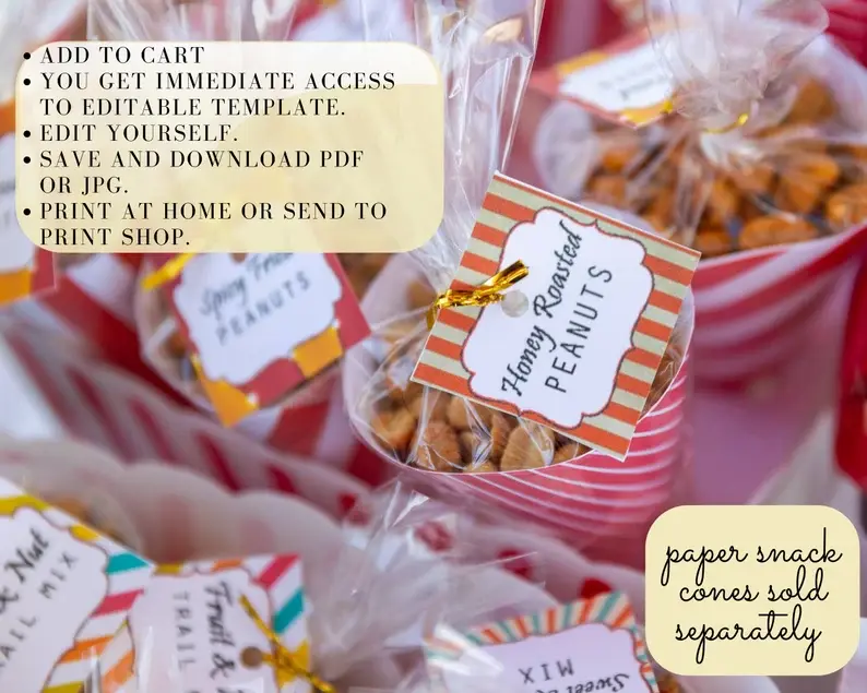 Thumbnail: EDITABLE Party Snack Cone TAGS - Carnival Theme. Carnival Birthday