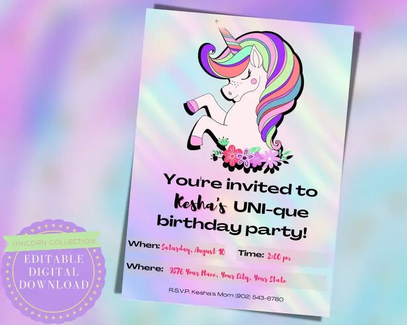 EDITABLE Unicorn Birthday Invitation, Unicorn Birthday