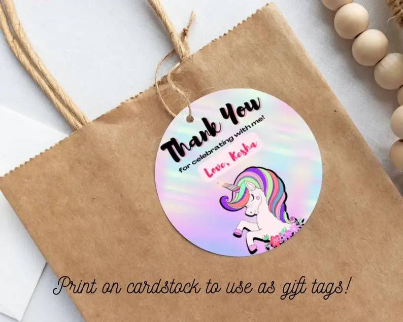 Thumbnail: EDITABLE Unicorn THANK YOU Stickers, Round, Birthday Unicorn