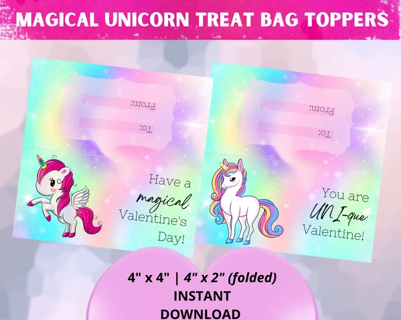 MAGICAL UNICORN Valentine's Day Treat Bag Topper |Set of 6 | Instant Download