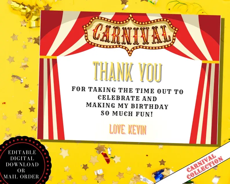 Carnival THANK YOU Card. Carnival Birthday Invitation