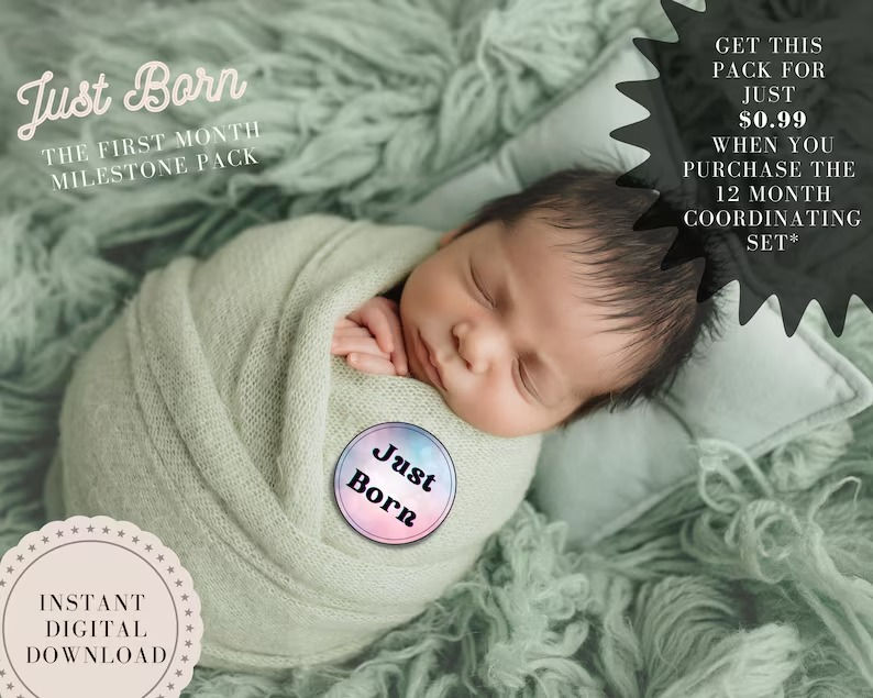 JUST BORN Baby Milestone Stickers, First Month, Milestone Cards