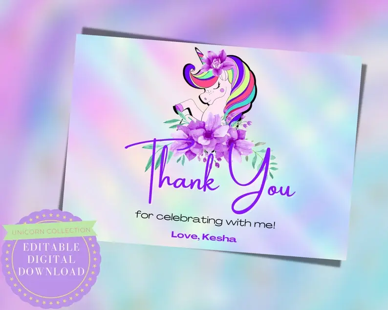 EDITABLE Unicorn Birthday Thank You Card, Unicorn Birthday, Unicorn Card