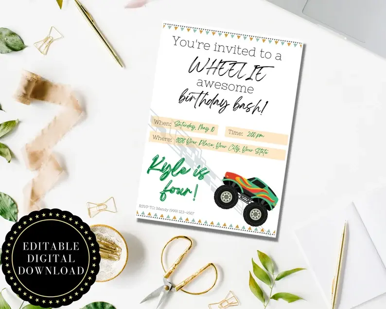 EDITABLE Monster Truck Birthday Invitation - DIY Birthday Template
