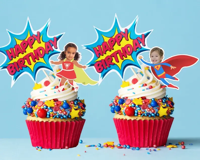 Custom Superhero Kids Cupcake Topper, Superhero Theme, Photo Cupcake Topper