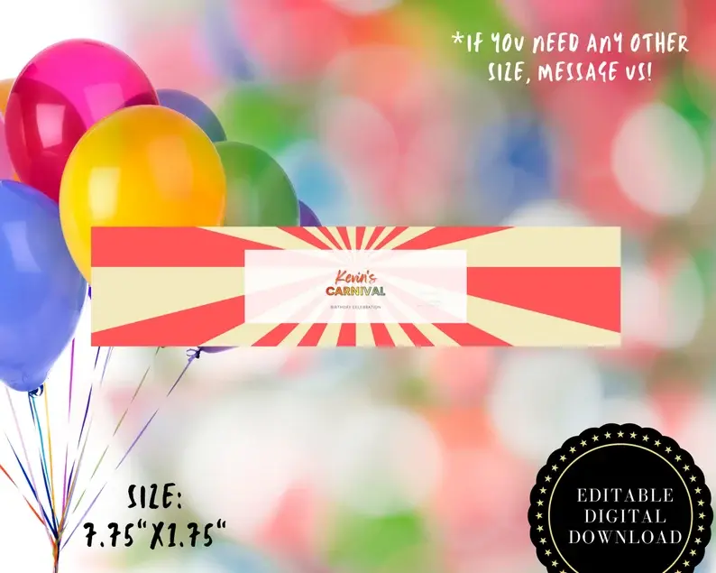 Thumbnail: EDITABLE Carnival Water Bottle Labels, Carnival Party Carnival Themed