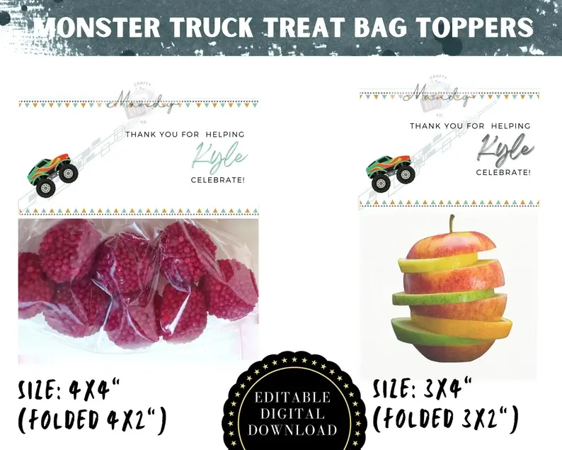 Thumbnail: MONSTER TRUCK Treat Bag Topper Treat Bag Toppers, Editable Tags