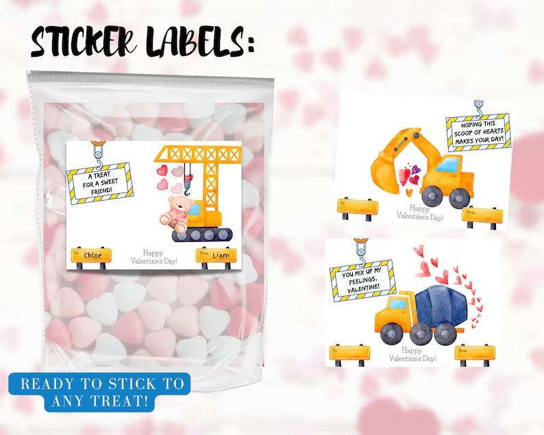 Thumbnail: Kids Valentine Cards - Construction Truck Themed Valentine Cards