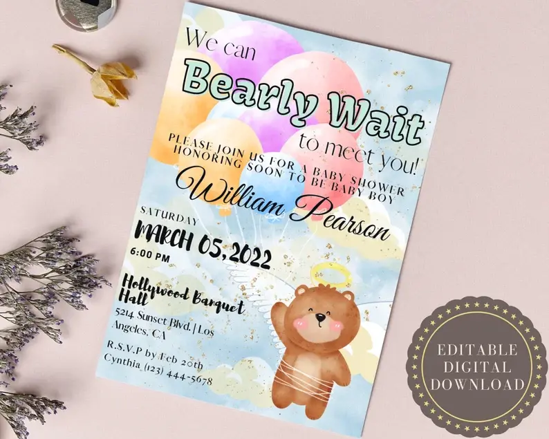 EDITABLE We Can Bearly Wait, Baby Shower, Balloons, Printable Baby Shower