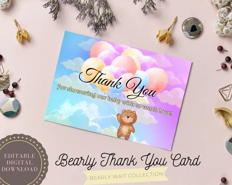 EDITABLE Bearly THANK YOU Card, Baby Shower, Bearly Wait, Printable Birthday
