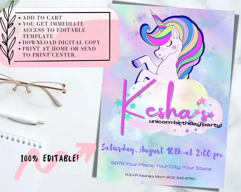 Thumbnail: EDITABLE Unicorn Birthday Invitation, Unicorn Birthday