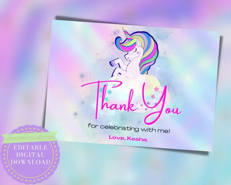 EDITABLE Unicorn Birthday Thank You Card, Unicorn Birthday, Unicorn Card