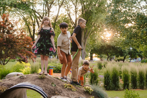 Norwalk and Des Moines, Iowa family photographer - school-aged and pre-teen children playing on a natural playscape structure during sunset in a park setting.