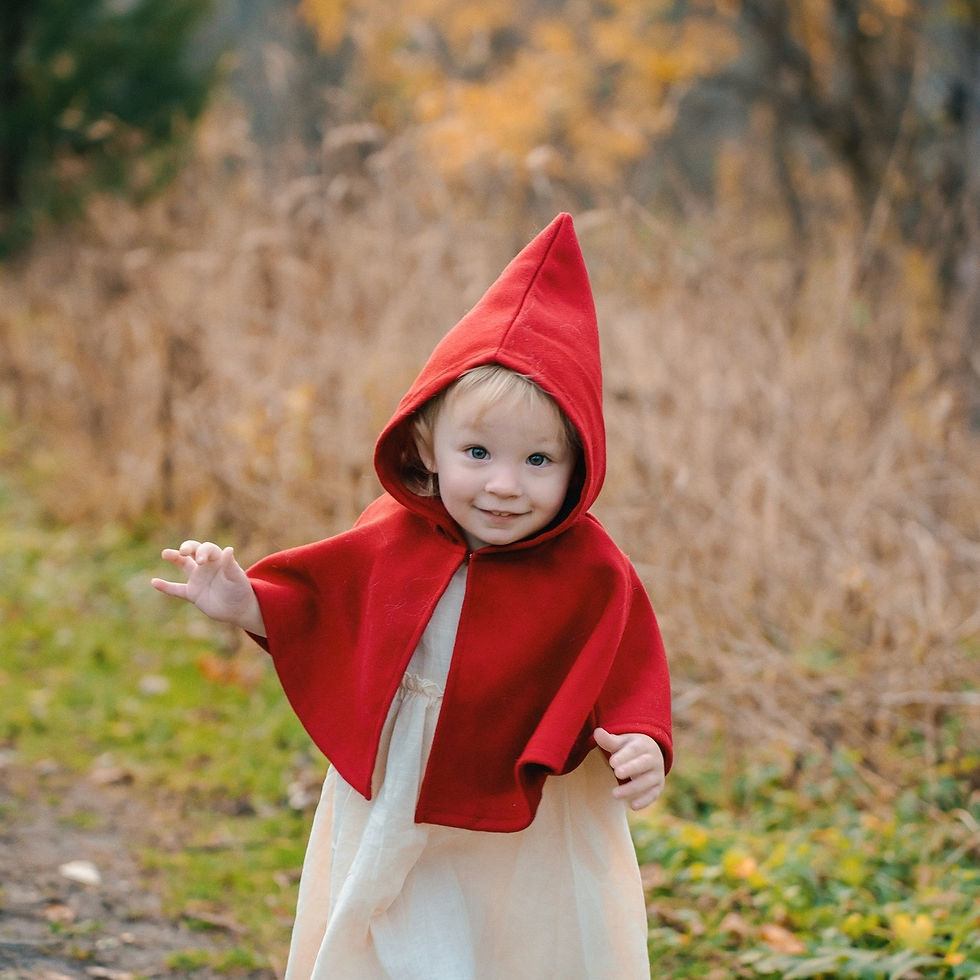 Des Moines and Norwalk, Iowa children's photographer - toddler girl is dressed in a red cloak running through the woods.