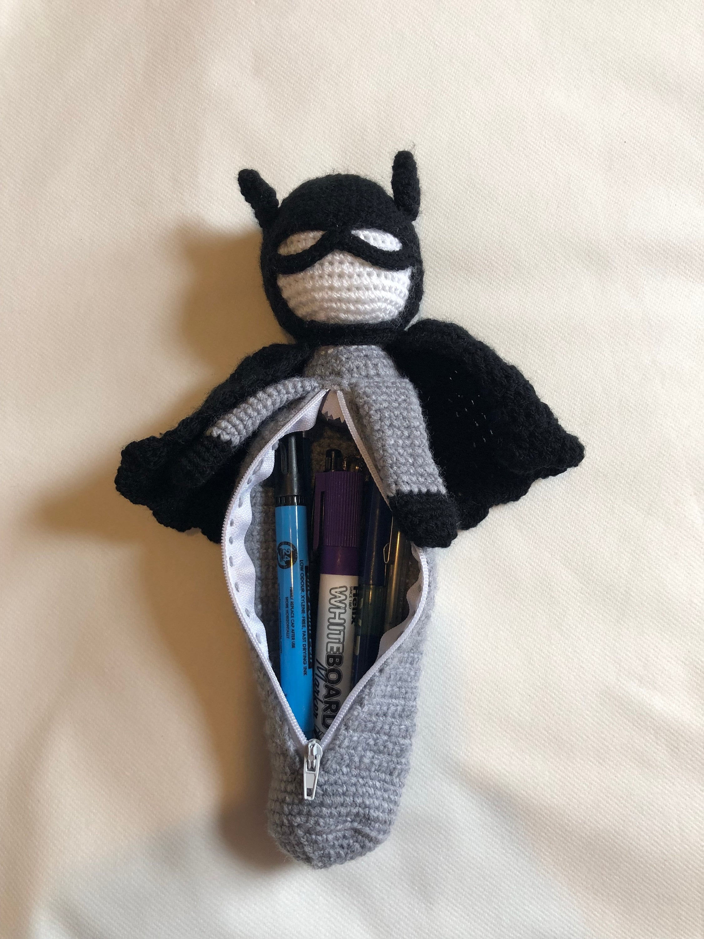 Batman crochet amigurumi School pouch Handcrafted synthetic wool, 12 inchGotham