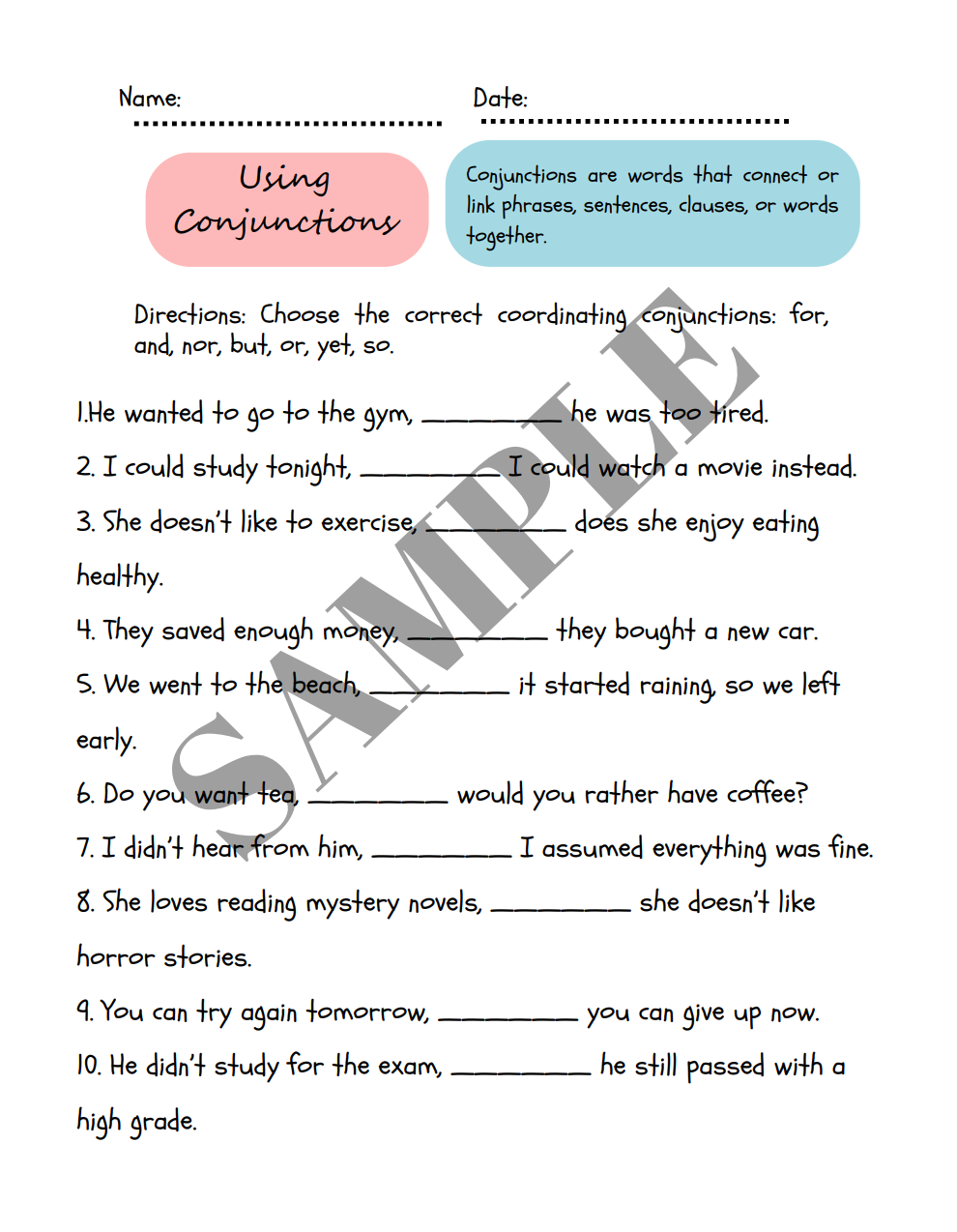 Using Conjunctions Worksheet