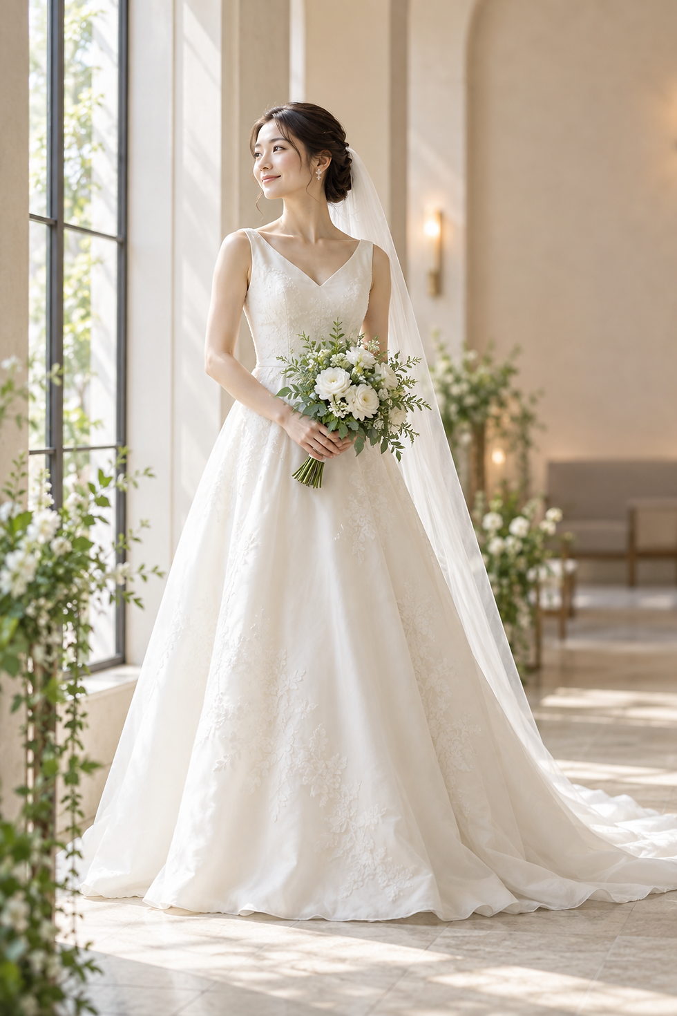 自然光の入るチャペルで、白いレースドレスとベール、白と緑のブーケを合わせた花嫁のイメージ