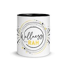 white ceramic mug with contrast color inside and handle, with wellness with rah graphics of swooshes and stars