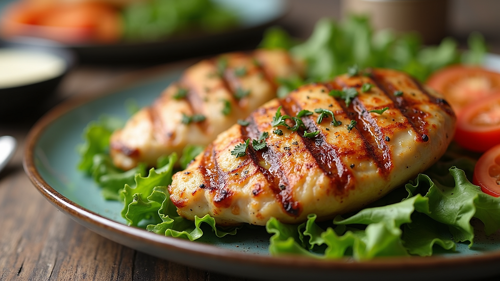 Close-up view of a healthy meal with grilled chicken and vegetables