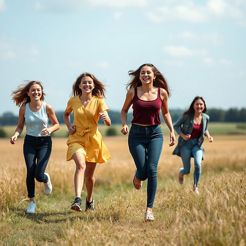 a group of happy young women aged between 14-25 of mixed race skipping through a field in