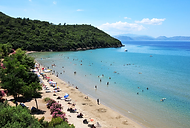 Kusadasi beach, sandy beaches and palm trees, safe swimming, turquoise sea, Agean coast, Izmir Province, Turkey
