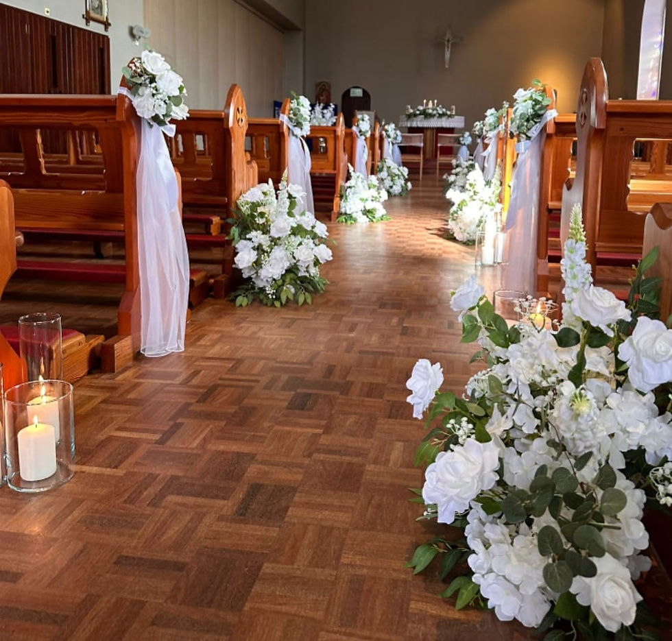 Wedding Aisle, Floor Meadow Arrangements, Pew Ends and Hurrricane Candles, Hazelwood Floristry