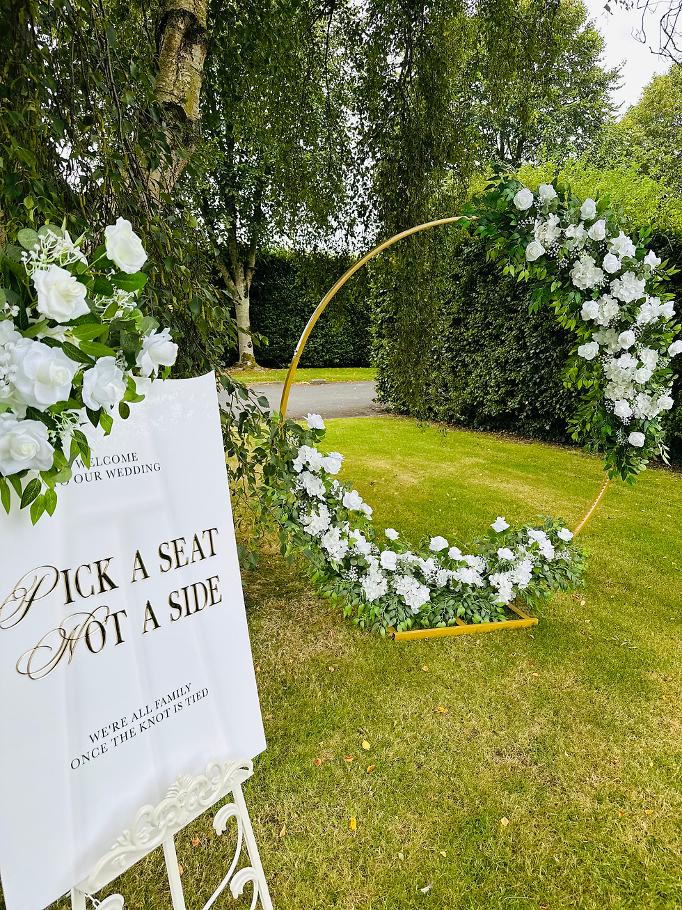 White and Green Wedding Flower Arch and Guest Welcome Sign, Hazelwood Floristry