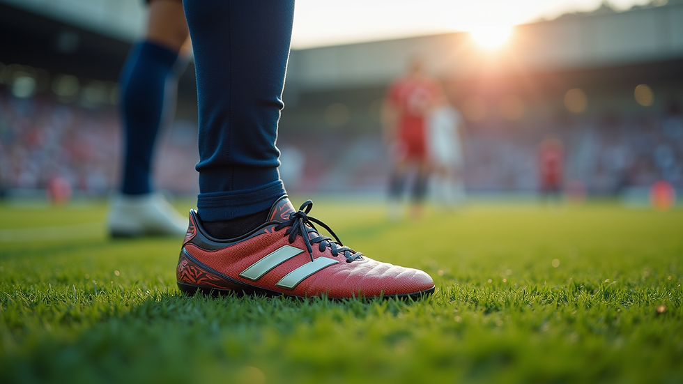 Close-up view of a football boot on a grass field ready for a kick