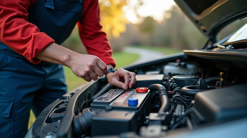 Close-up view of a mobile mechanic replacing a car battery in a driveway