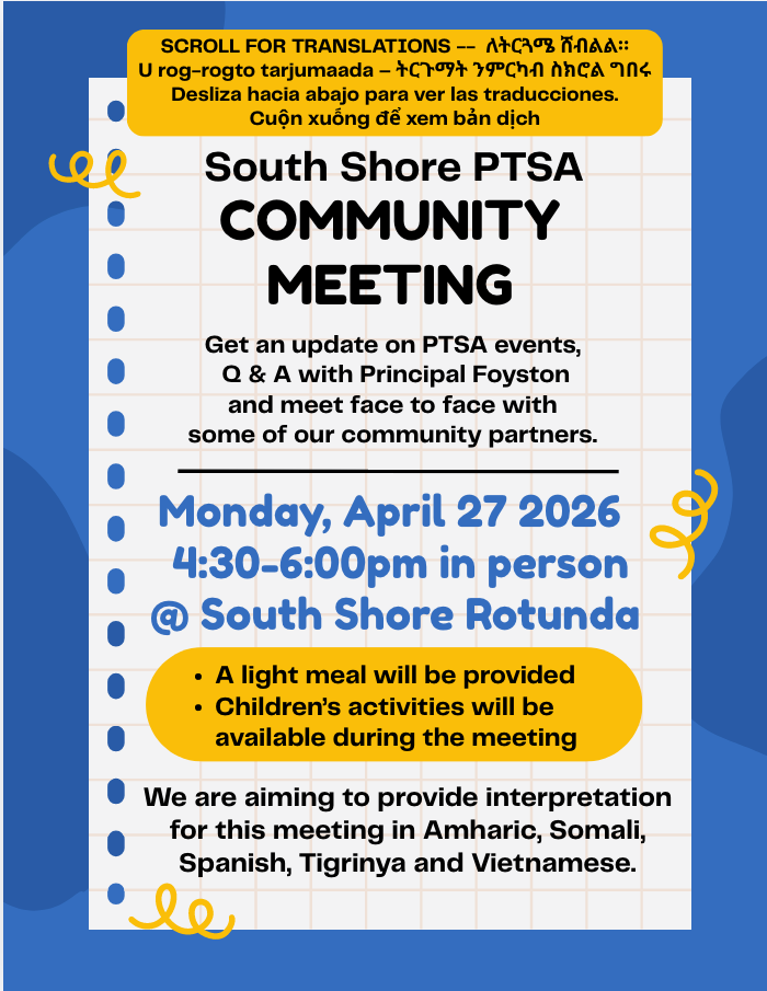 The South Shore PTSA Community Meeting is next week!