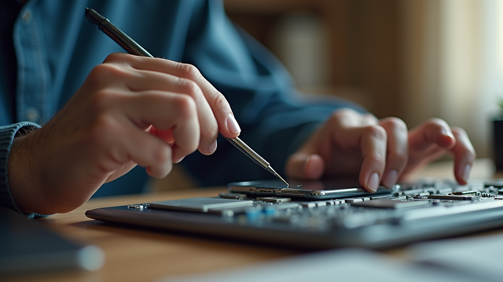 Eye-level view of a technician repairing a smartphone at a home desk