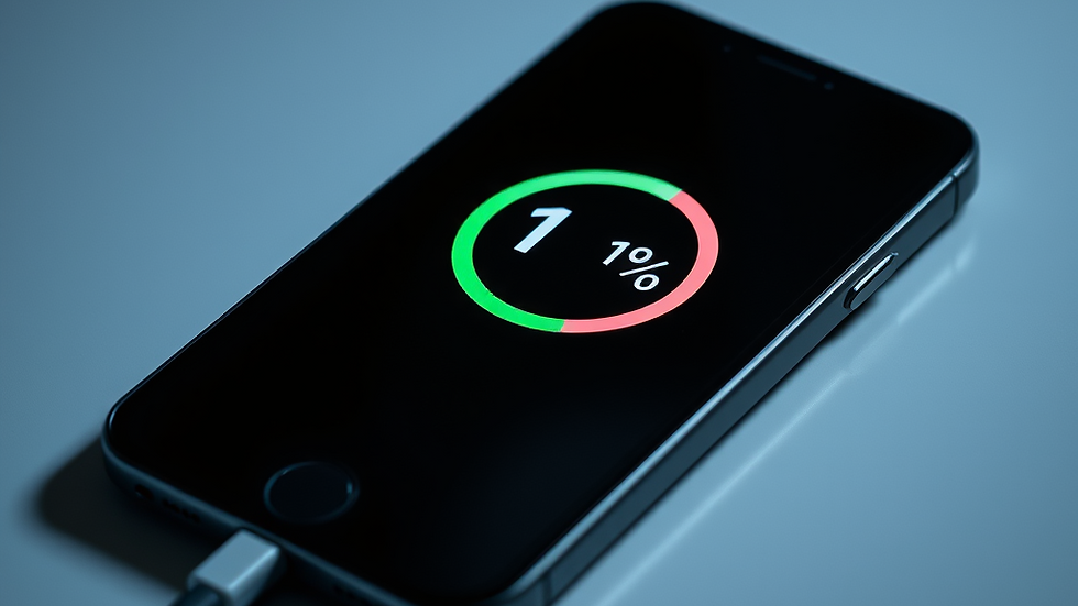 Smartphone on table displays 1% battery with charging cable attached. Screen shows a red and green battery icon. Dim lighting suggests urgency.