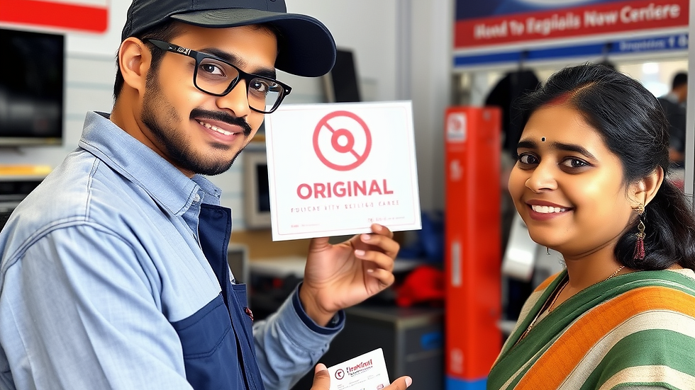 Man holds "Original" sign in a tech store, while smiling at a woman in a sari. "Testnell Service" visible in the background. Warm mood.